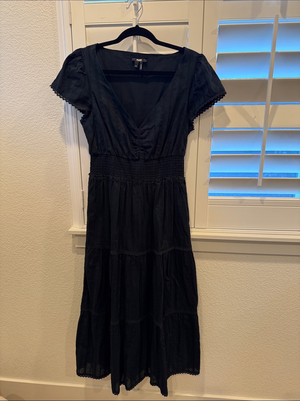 PAIGE Black V-Neck Smocked Waist Tiered Midi Dress